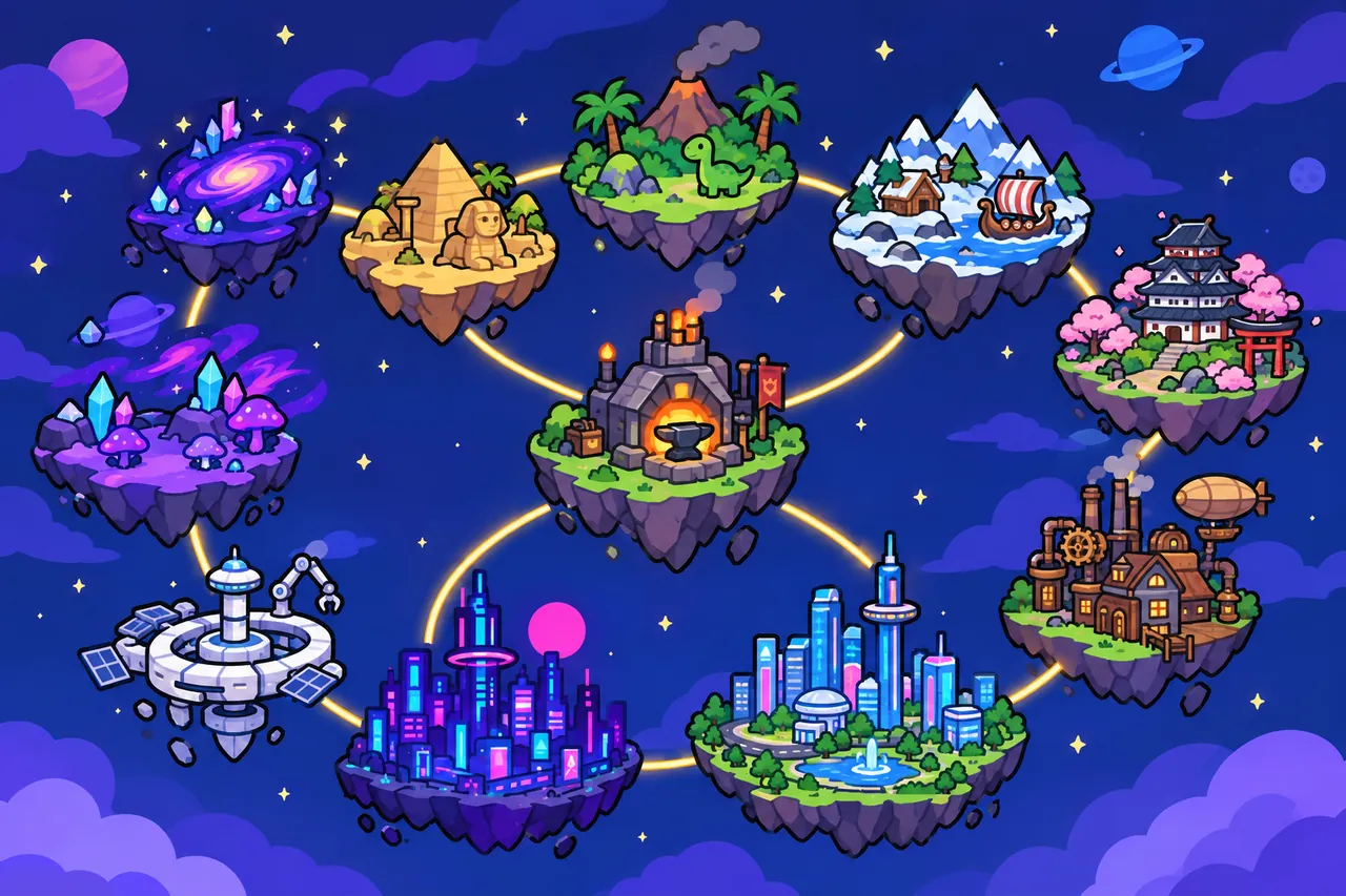 Map of the ten worlds of Forge Worlds, as floating islands around the forge